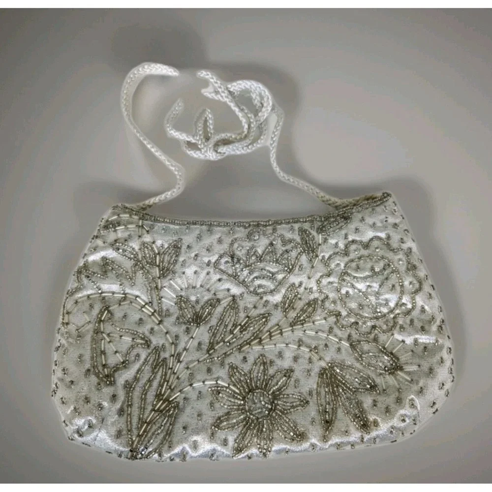 Vintage Valerie Stevens Silver Hand-Beaded Evening Bag‎ Braided Strap 8